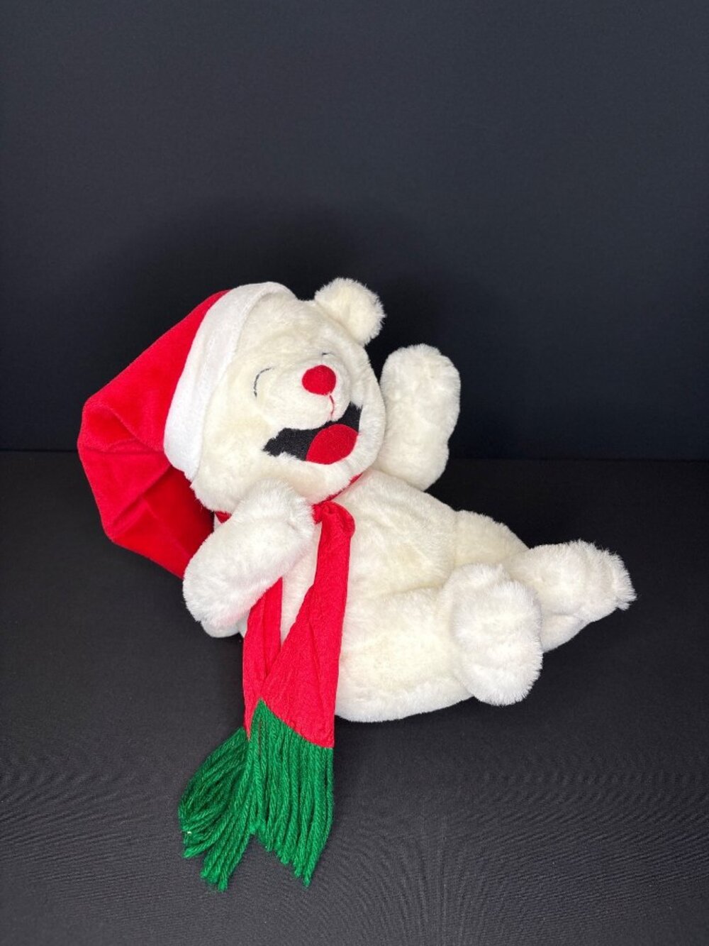 Christmas Laughing Activated Plush Teddy Bear With Santa Hat & Scarf Green Red - Picture 8 of 11